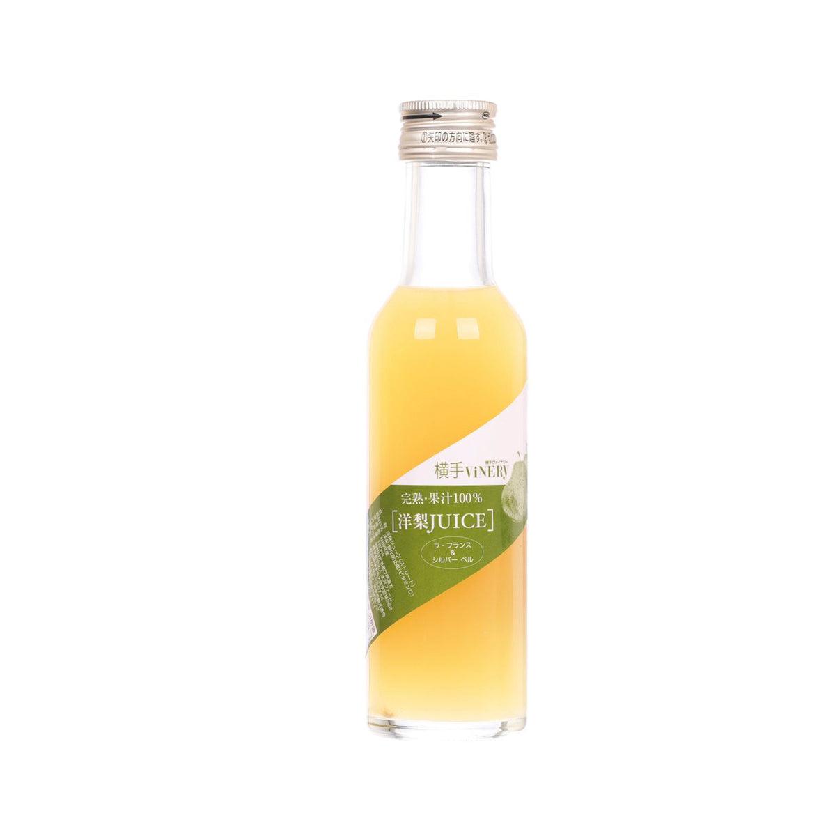 Pear juice bottle with yellow liquid, clear glass, 180 mL
