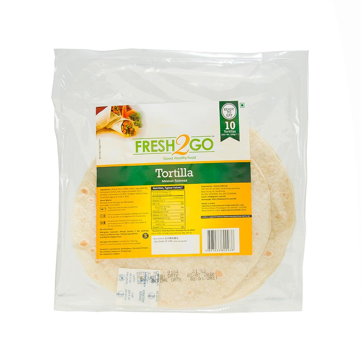 FRESH2GO tortilla flatbread in plastic bag with front label