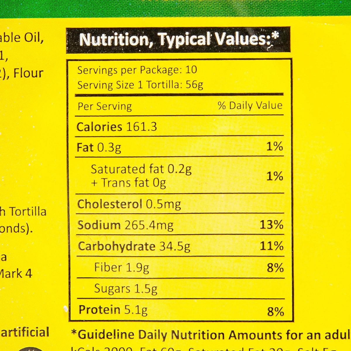 Nutrition facts panel for tortilla flatbread, typical values