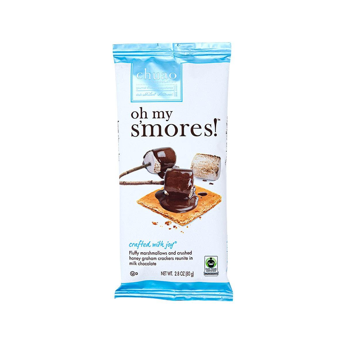 Milk chocolate bar pouch with marshmallows and honey graham cracker pieces, front