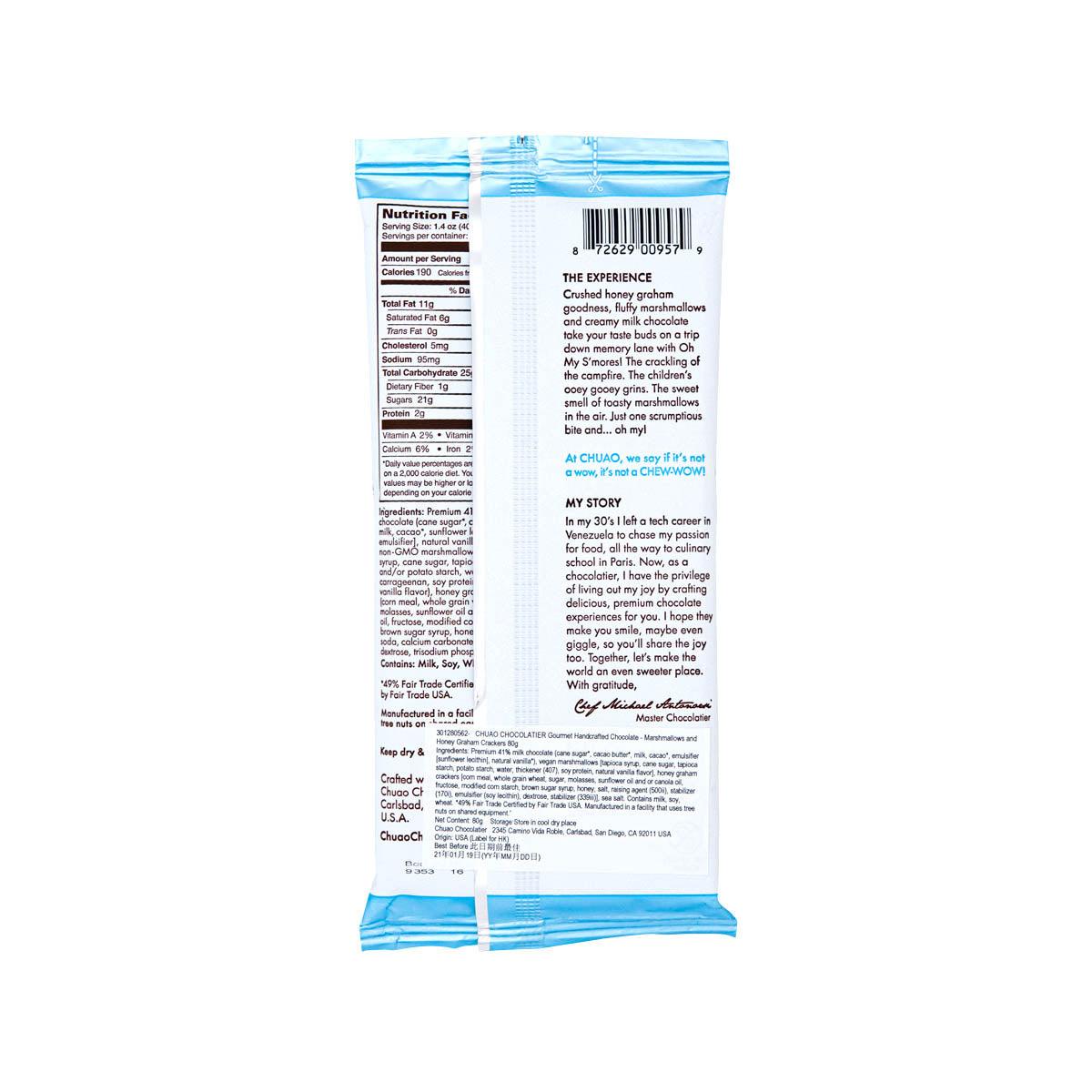 Chocolate pouch back with nutrition facts and ingredient information panels