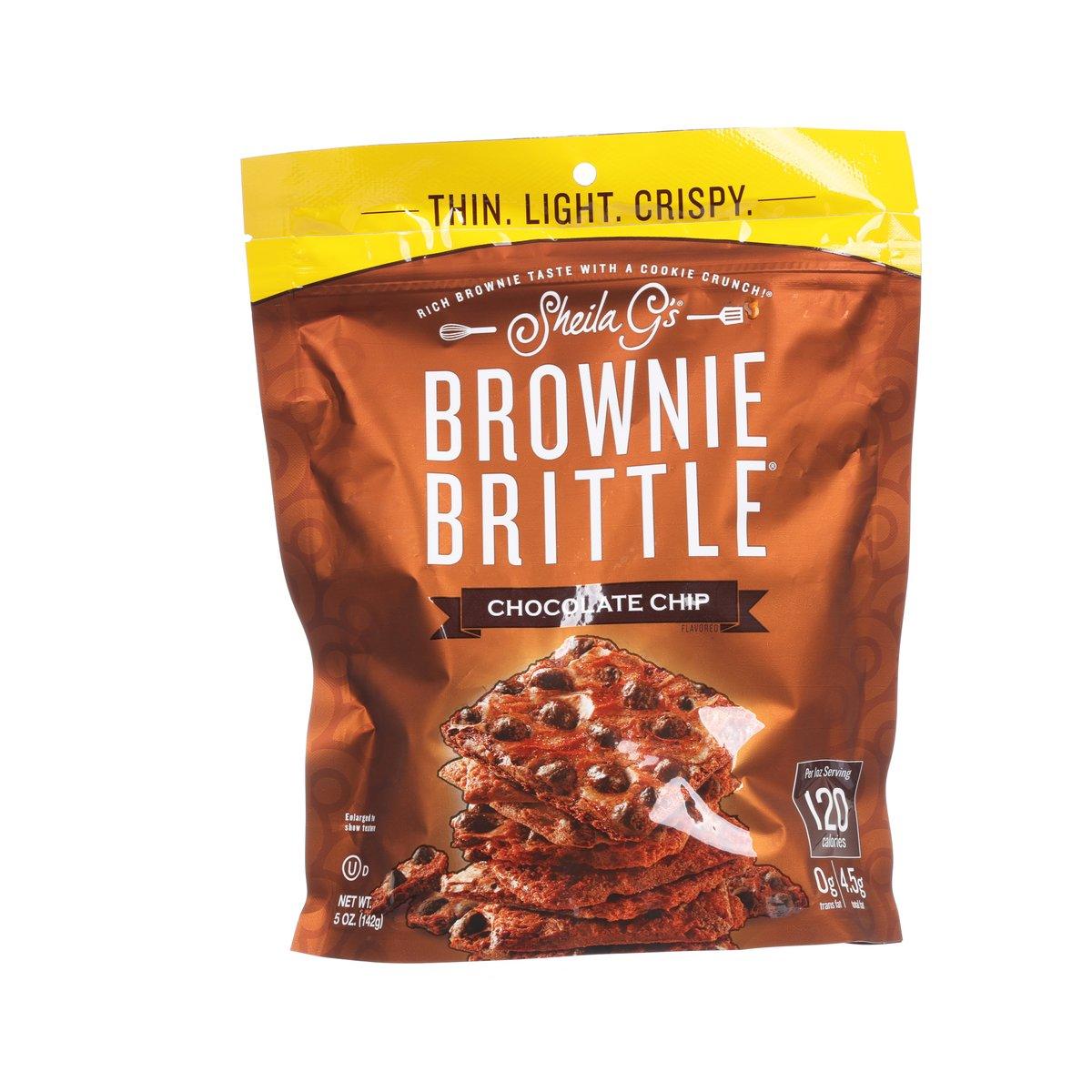 Brownie brittle snack bag with chocolate chip pieces, sealed pouch