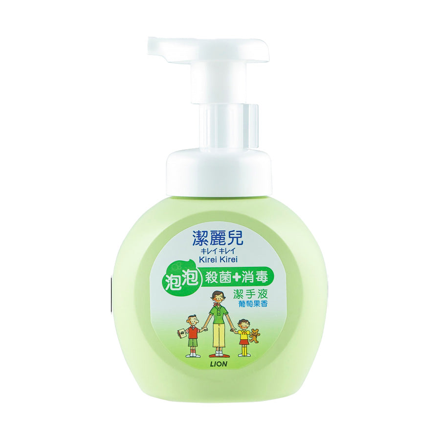 KIREI foaming hand soap dispenser, green bottle with white pump and illustrated front label