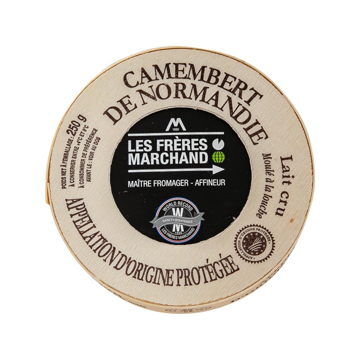 Round raw-milk Camembert cheese with printed brand label on top