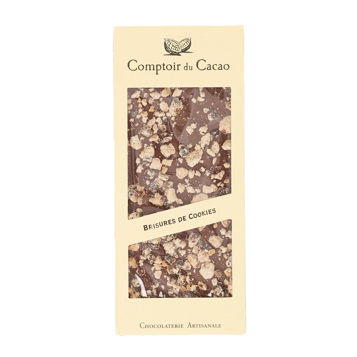 Milk chocolate bar with cookie pieces, shown on a COMPTOIR DU CACAO package