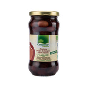 CAMPOMAR jar of organic black Aragon olives in brine, clear view of dark olives