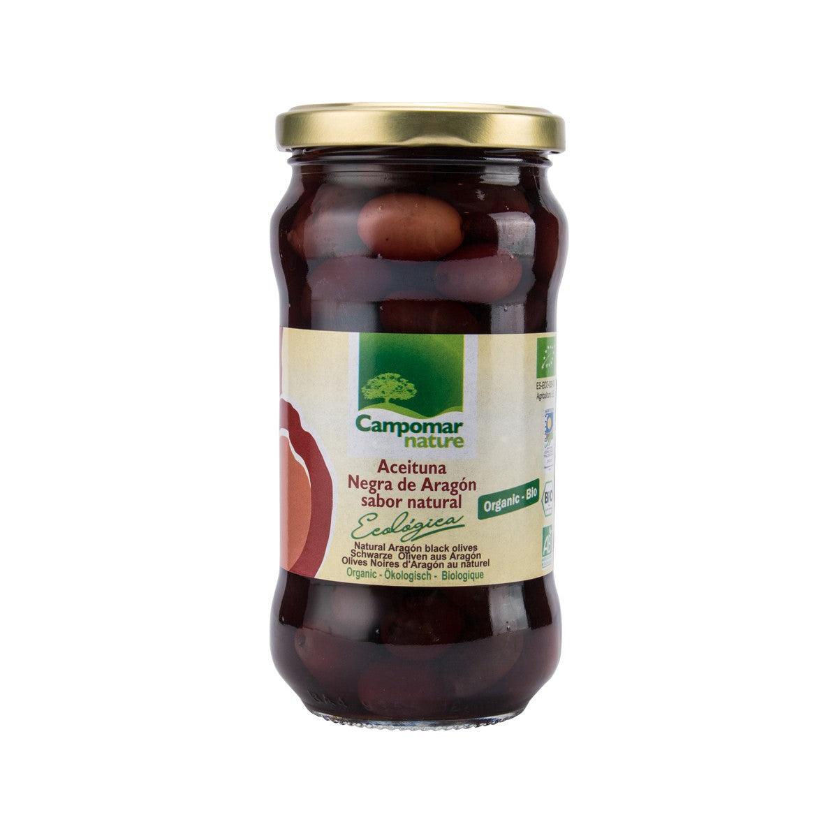 CAMPOMAR jar of organic black Aragon olives in brine, clear view of dark olives