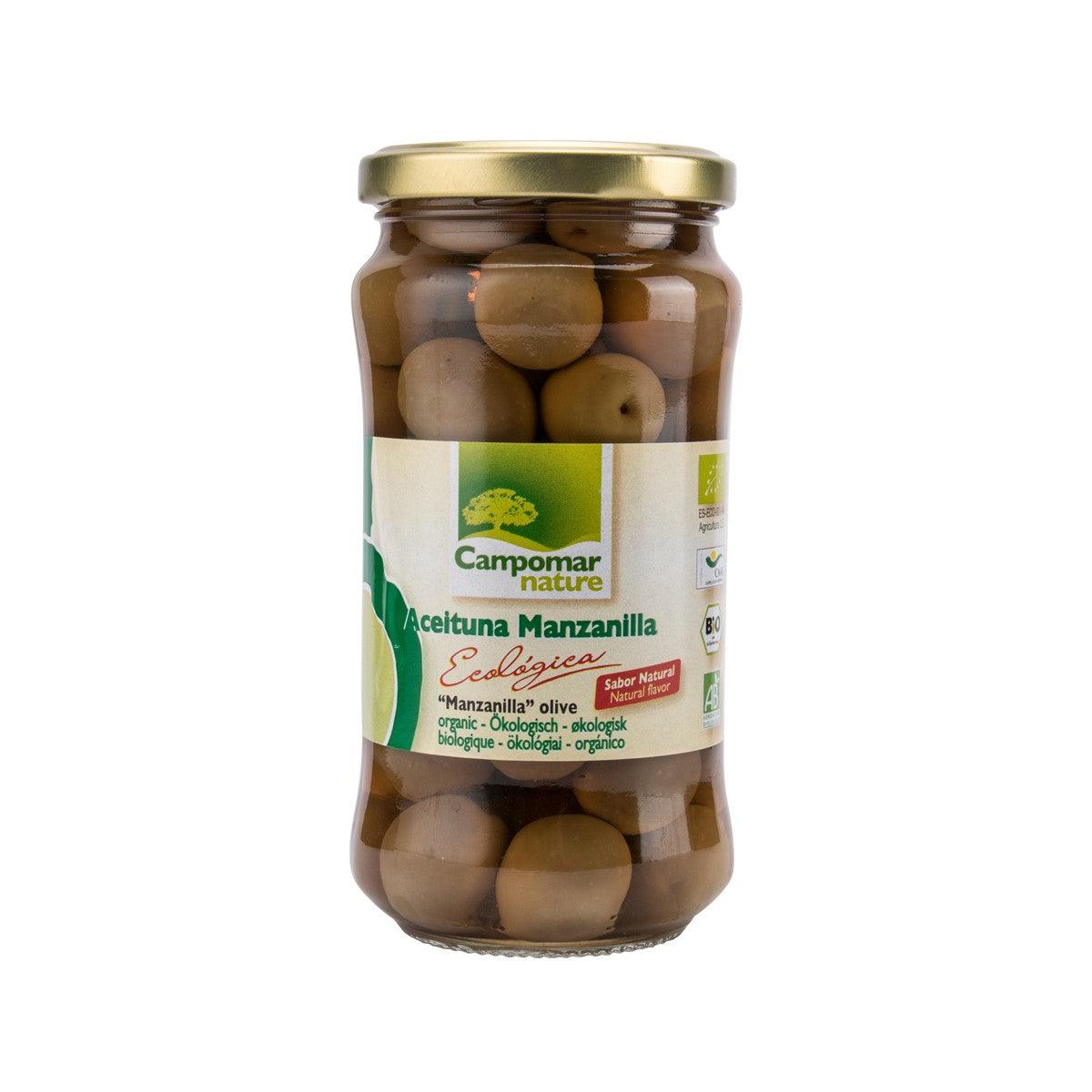 Campomar nature organic manzanilla olives jar with gold lid, clear label on glass