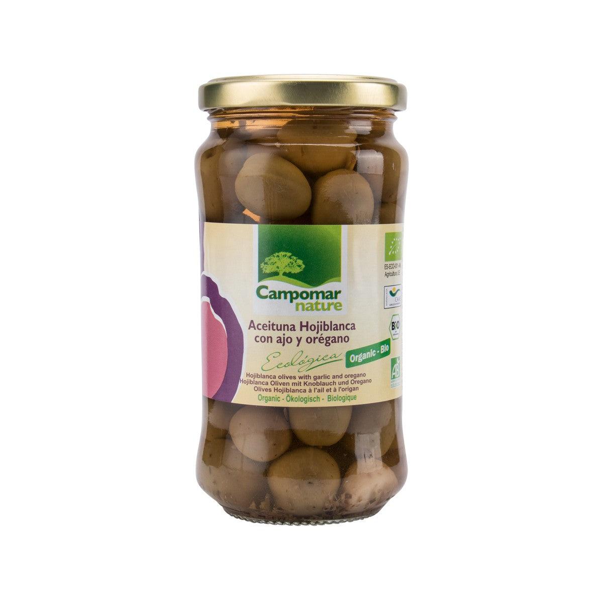 Jar of organic green and brown olives with garlic and oregano, 350 g