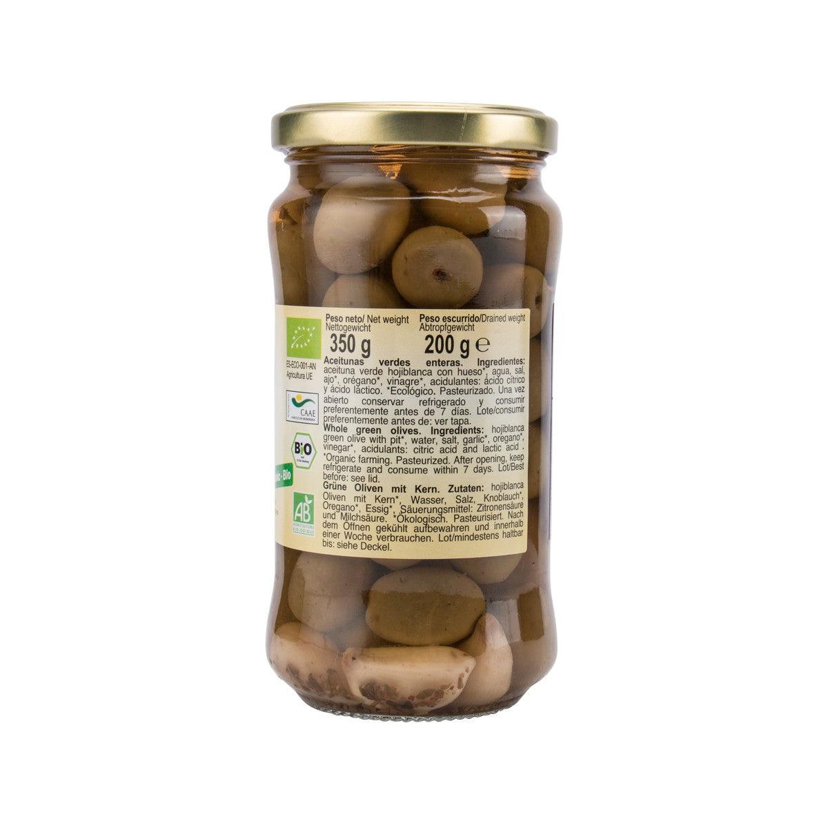 Jar of organic olives with garlic and oregano, back with nutrition text