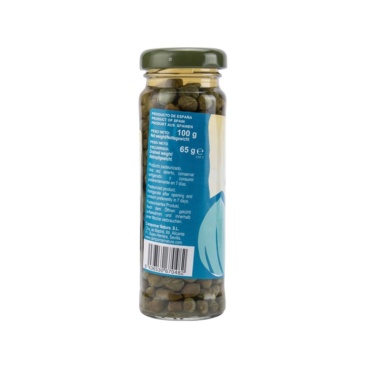 Jar of organic capers with green lid, back label with product and weight info