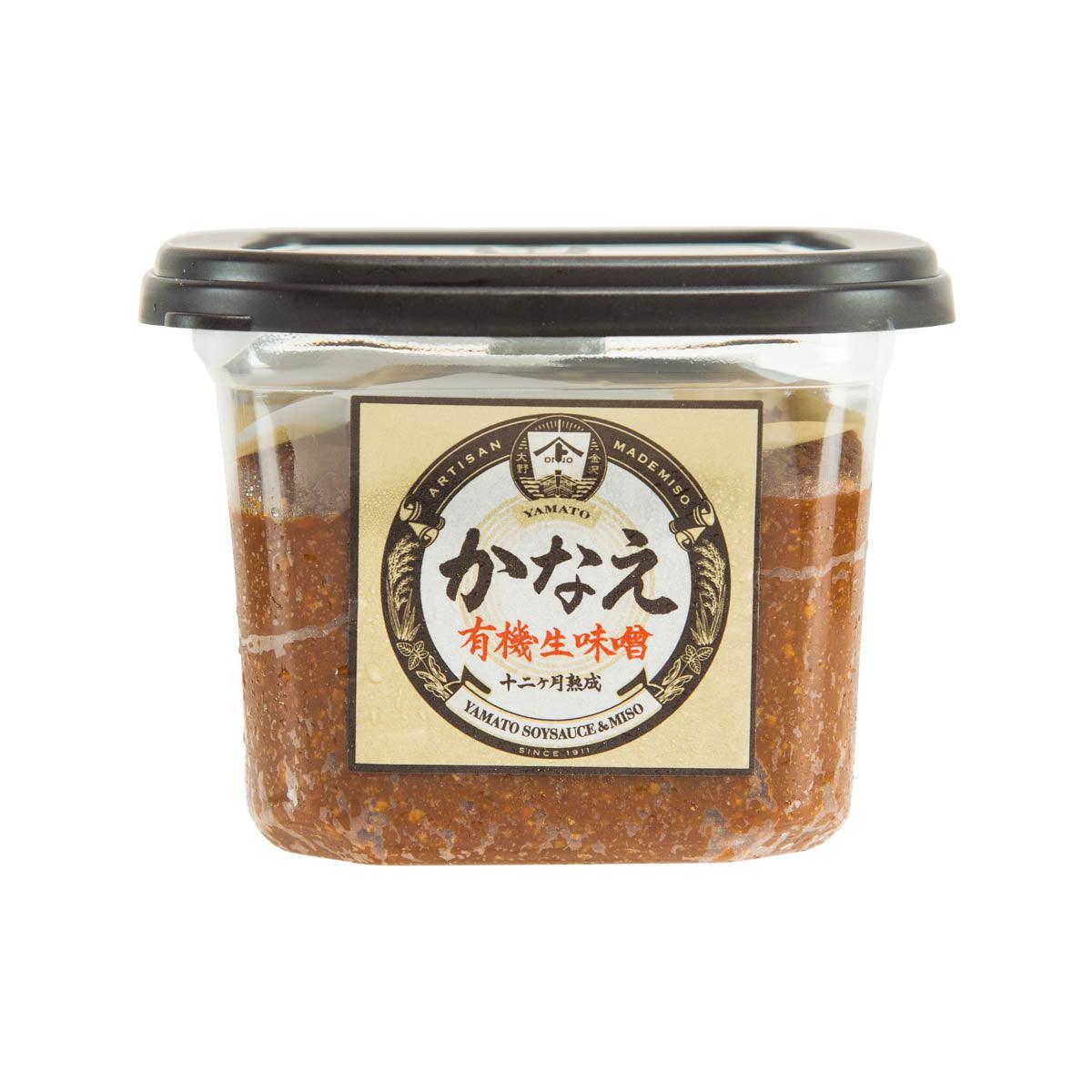YAMATO SOYSAUCE & MISO organic rice miso in clear glass jar, dark brown paste