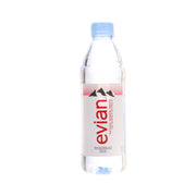 Evian natural mineral water bottle, clear plastic with blue cap, 500 mL