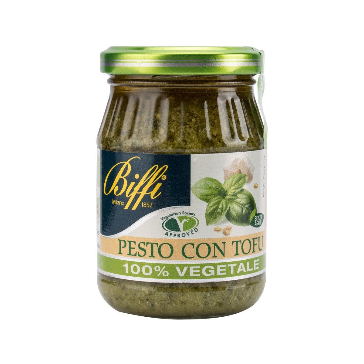 BIFFI Pesto con Tofu 100% vegetarian pesto in glass jar with basil leaves