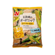Organic corn kernel pouch, 250g, with pictured corn cobs and kernels
