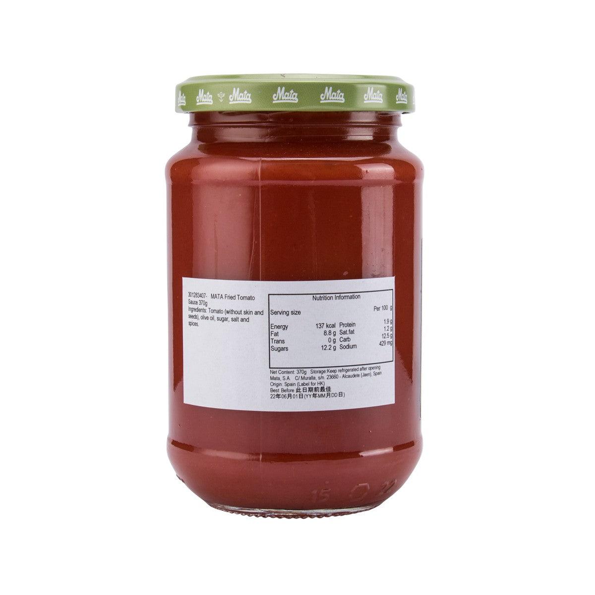 Jar of MATA fried tomato sauce, 370g; nutrition label on back