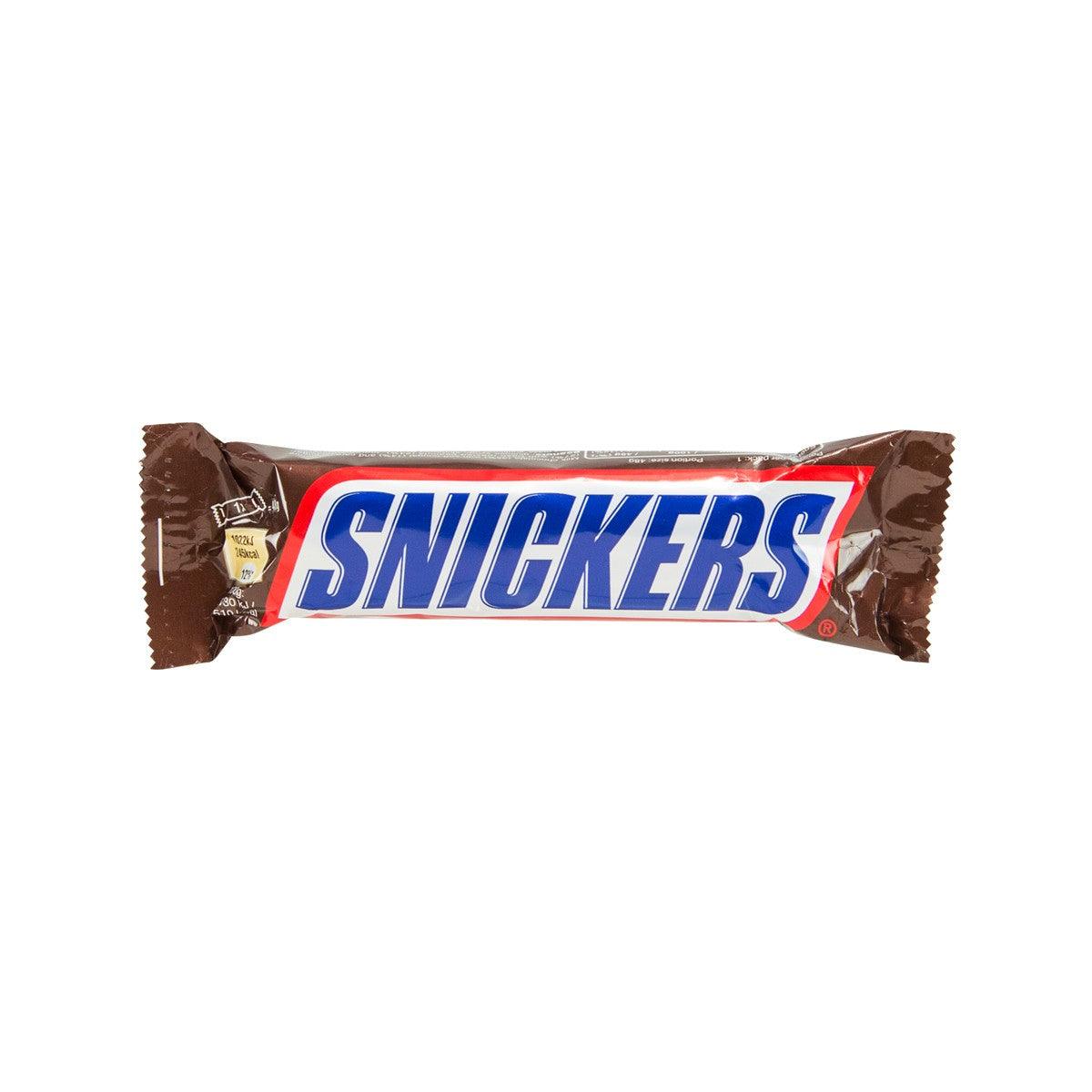SNICKERS milk chocolate bar in brown wrapper with blue-red SNICKERS logo