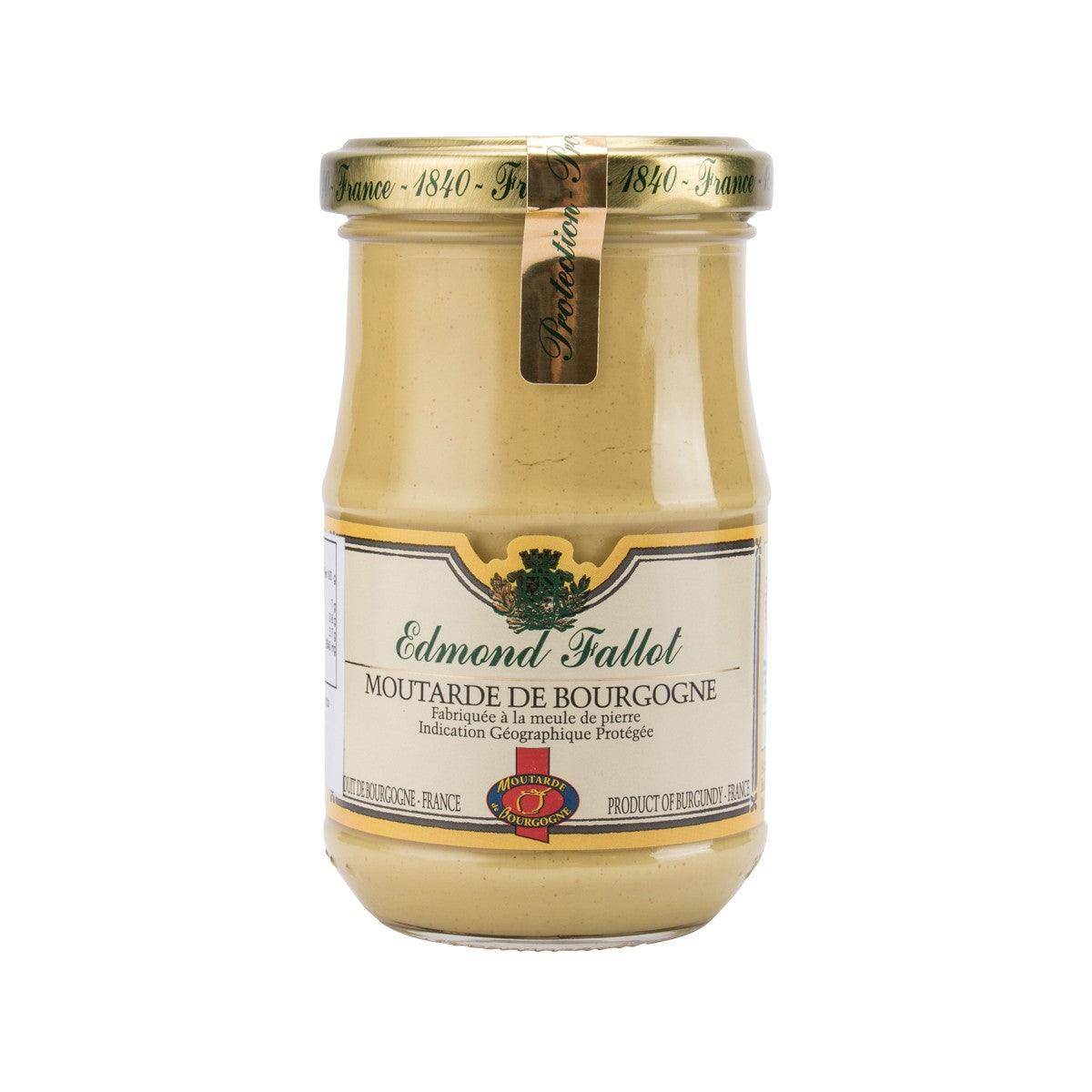 Edmond Fallot mustard jar, beige Dijon-style paste in glass with gold lid