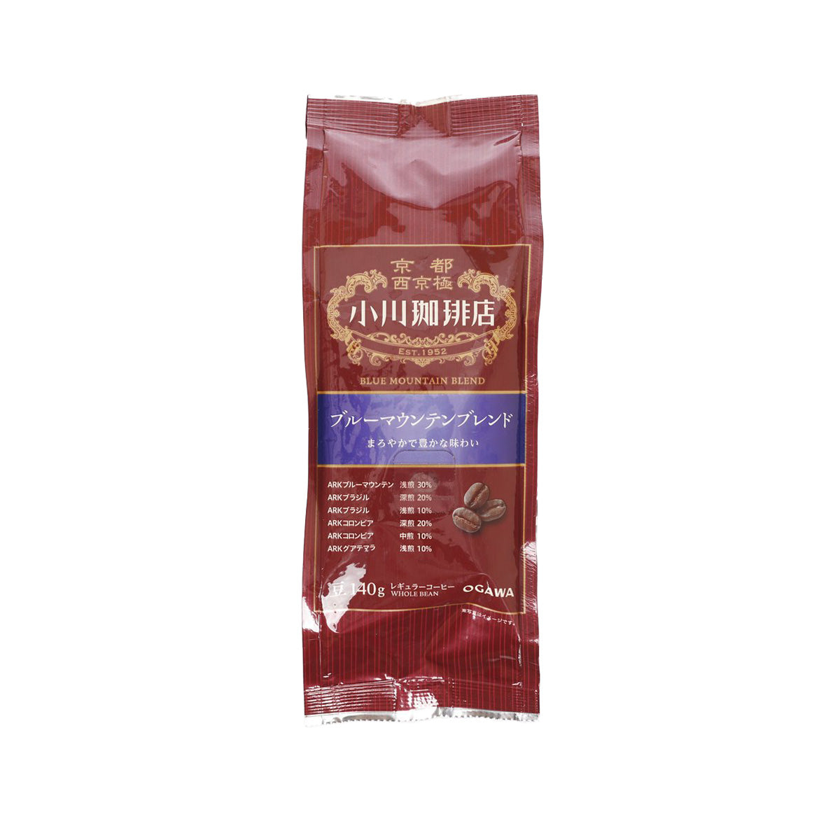 Coffee bean bag with OGAWA COFFEE Blue Mountain Blend label, 140g
