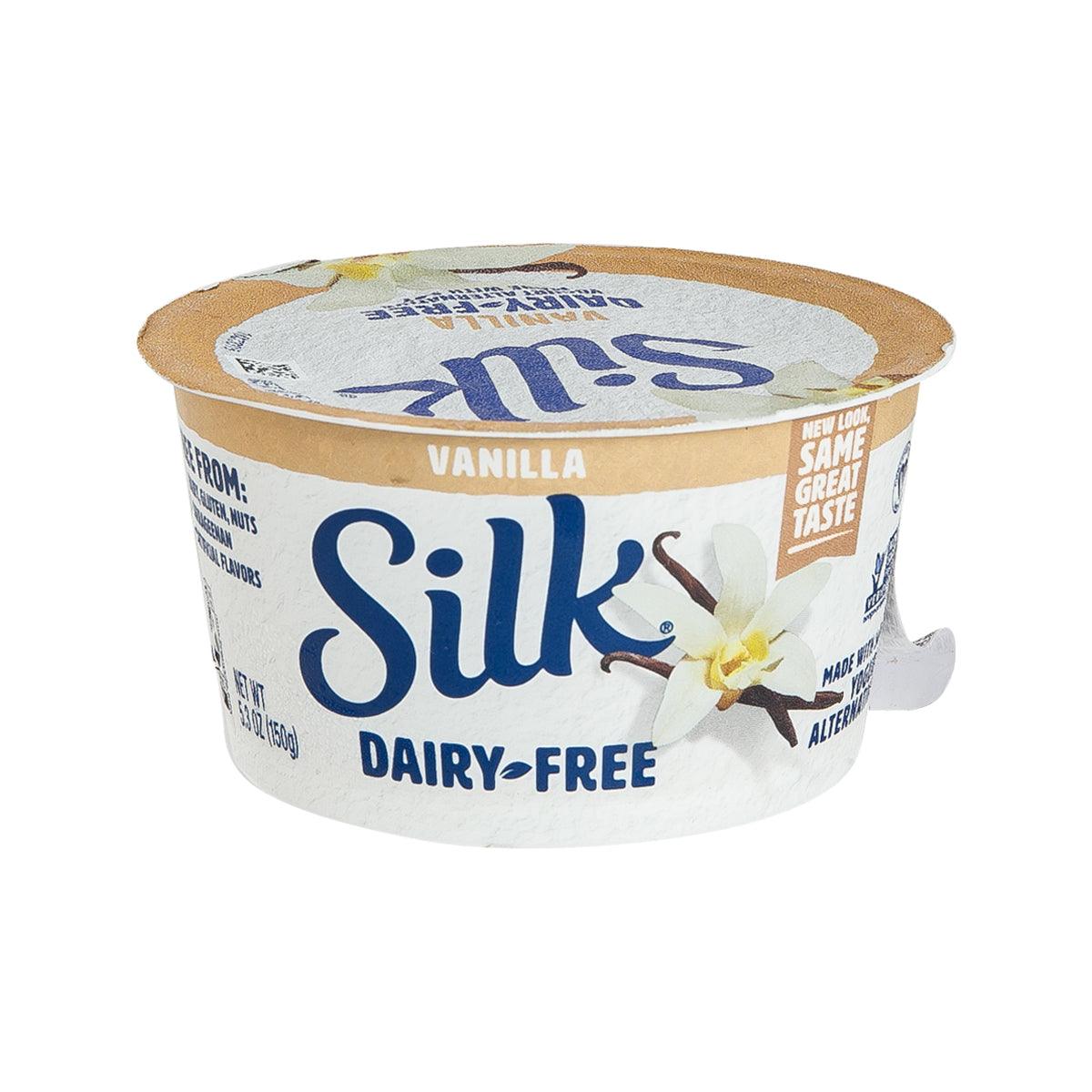 Vanilla dairy-free soy yogurt in round tub with blue Silk Dairy-Free label