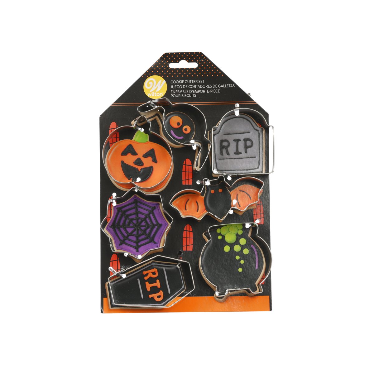 Haunted cookie cutter set with metal Halloween shapes: house RIP, pumpkin, spiderweb, ghost