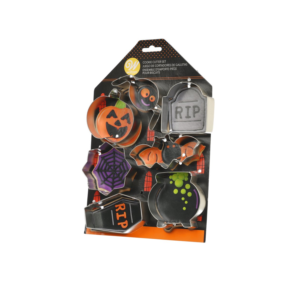 Haunted cookie cutter set featuring metal cutters for pumpkin, RIP house, spiderweb, bats