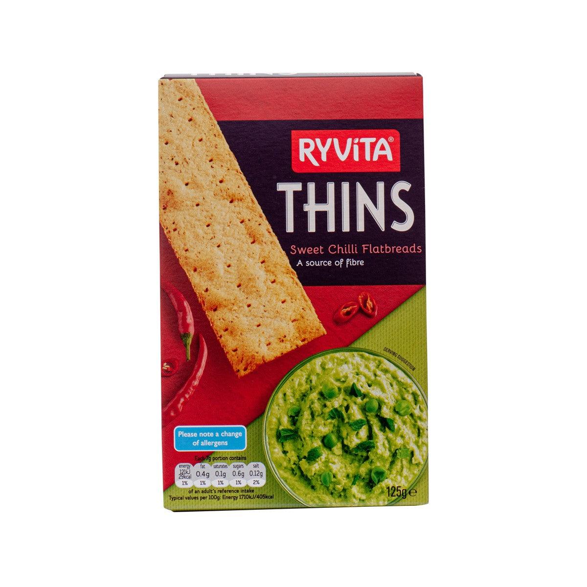 RYVITA Thins sweet chilli flatbreads 125g box, with flatbread and green sauce art
