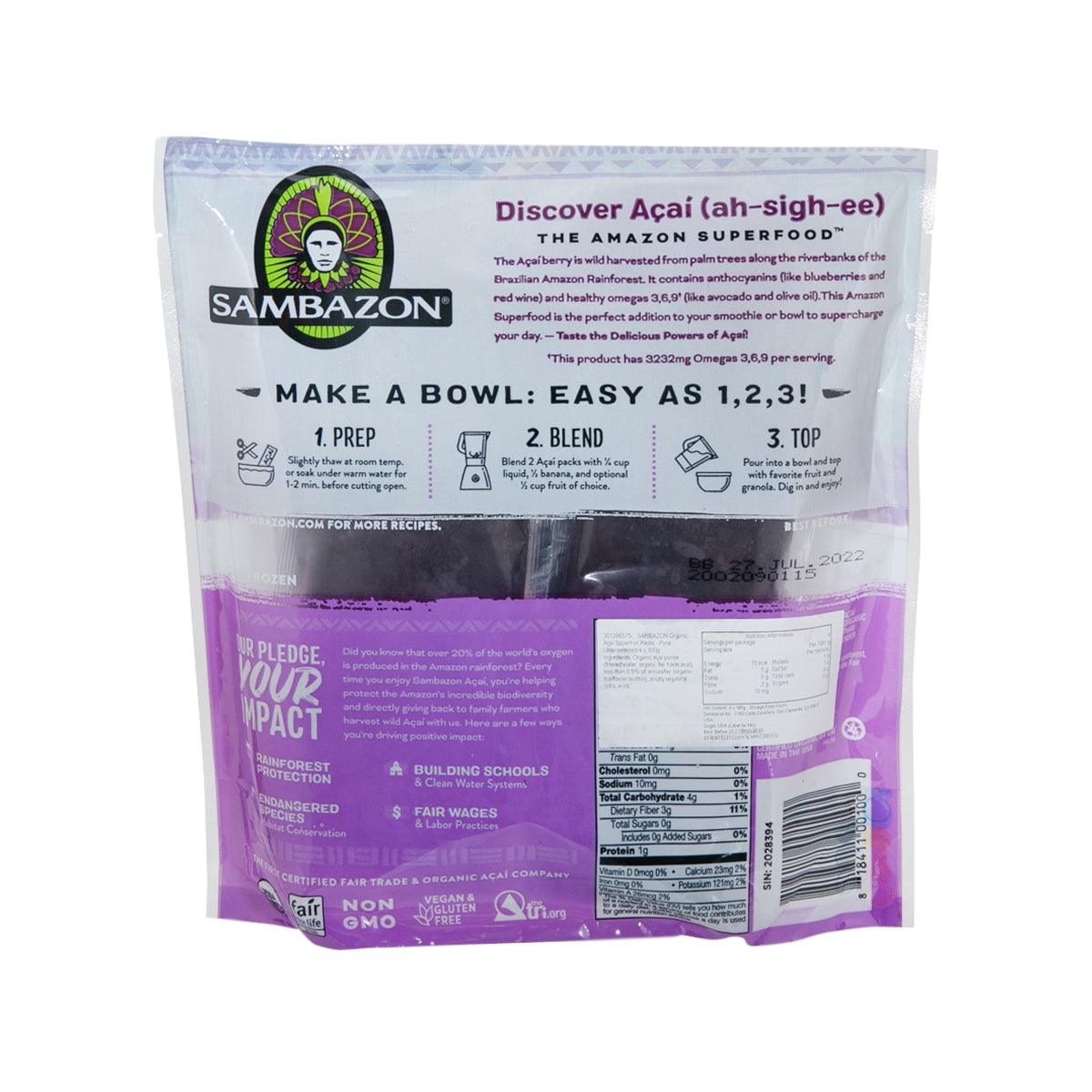 SAMBAZON acai superfruit packs back panel with preparation steps and nutrition info