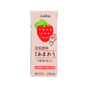 Strawberry soymilk drink carton, pink with strawberry graphic; 200 mL.