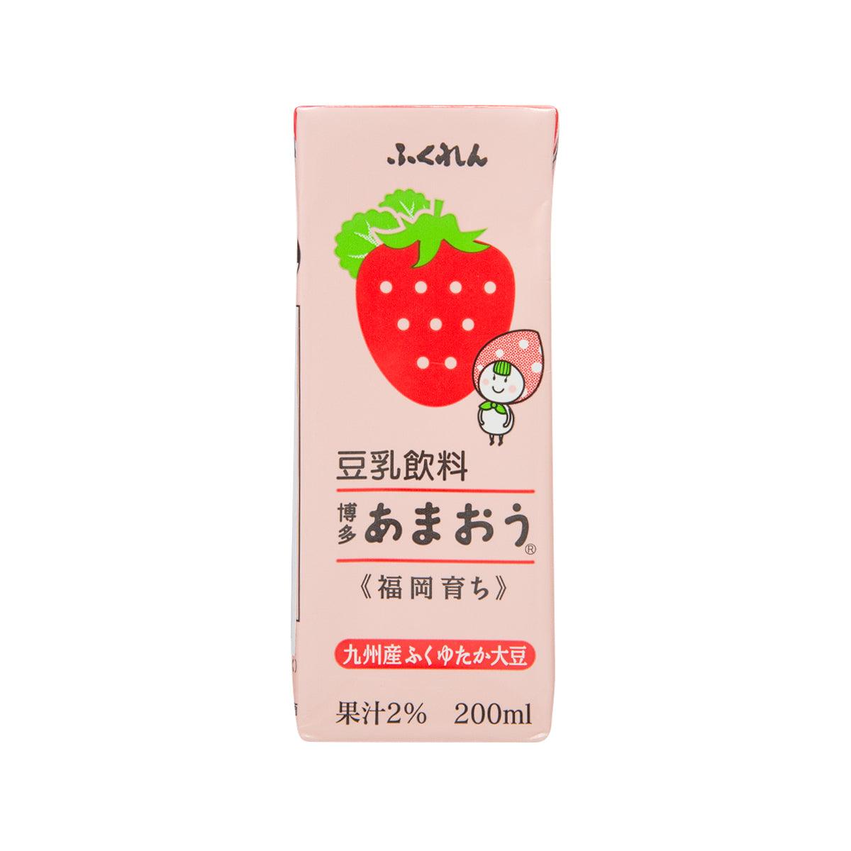 Strawberry soymilk drink carton, pink with strawberry graphic; 200 mL.