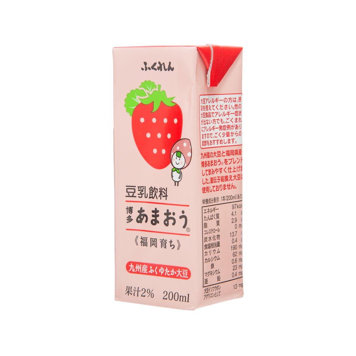Strawberry soymilk drink carton side panel with text; 200 mL; red top.