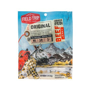 Beef jerky pouch in blue with mountain graphics and Original label, front nutrition panel