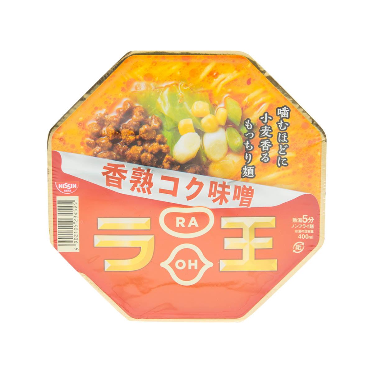NISSIN Raoh rich miso noodle cup with seasoning illustration and RA/OH logo