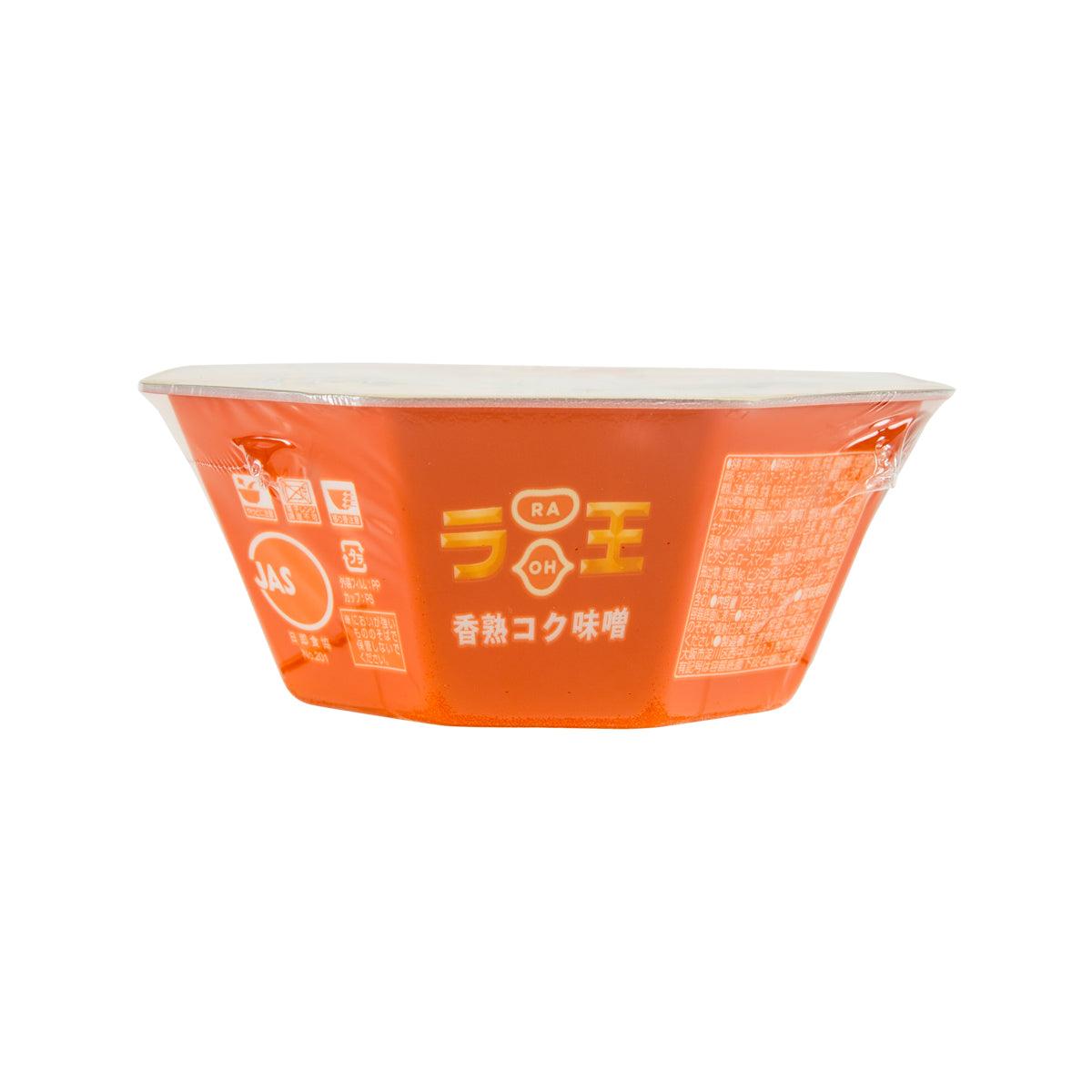 NISSIN Raoh rich miso noodle cup side panel in orange with RA/OH text