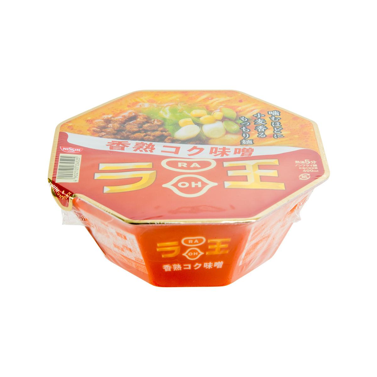 NISSIN Raoh rich miso noodle cup, orange container with RA/OH emblem and label
