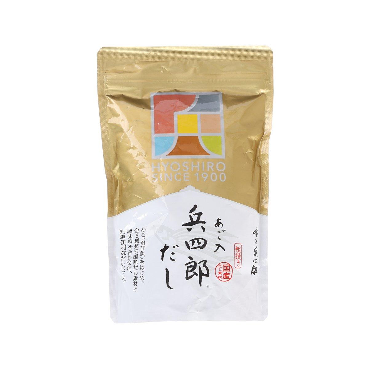 Flying fish soup stock pack pouch, gold and white with AJINOHYOSHIRO logo and Japanese text