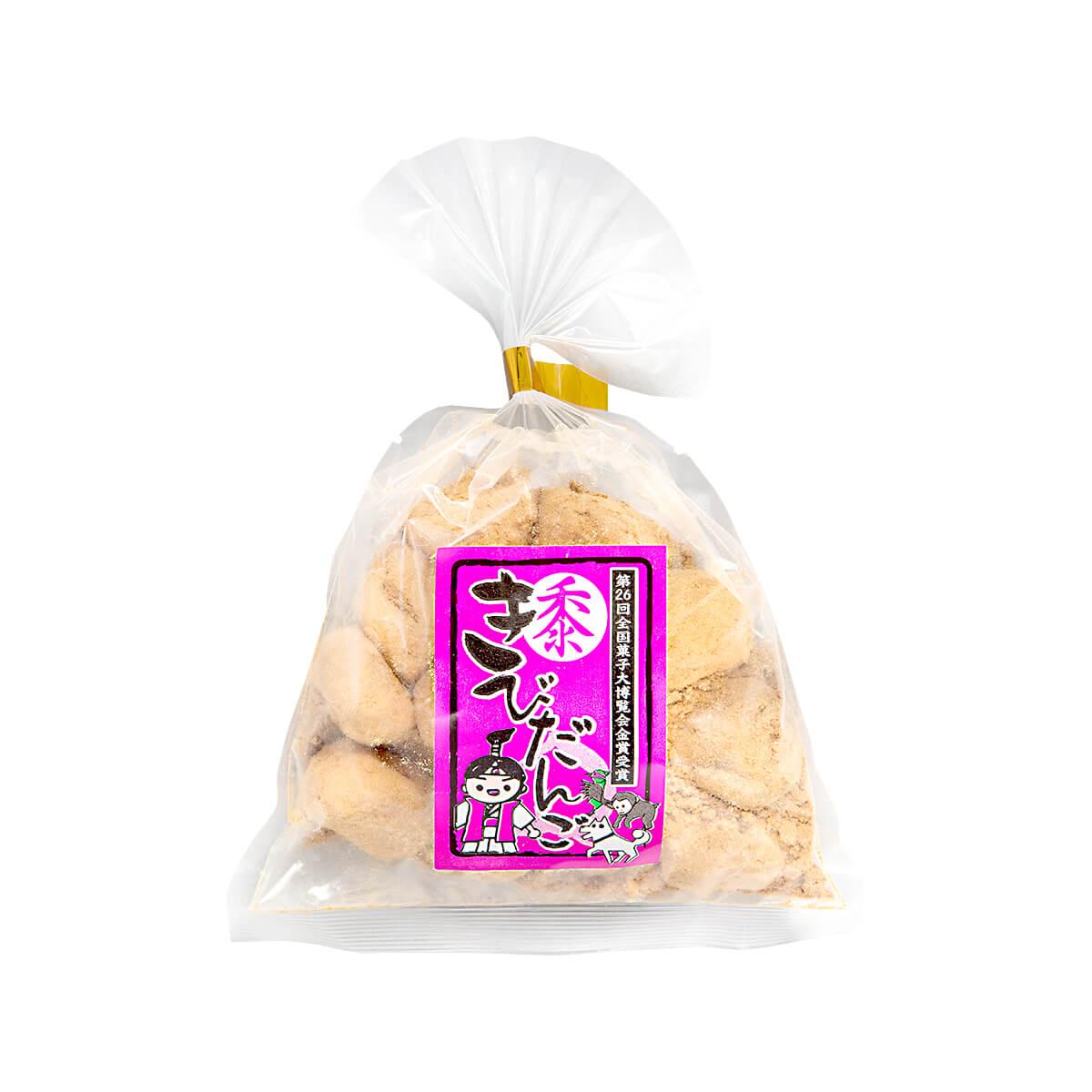 Kibi dango rice cake snack in clear bag with purple label and tied top