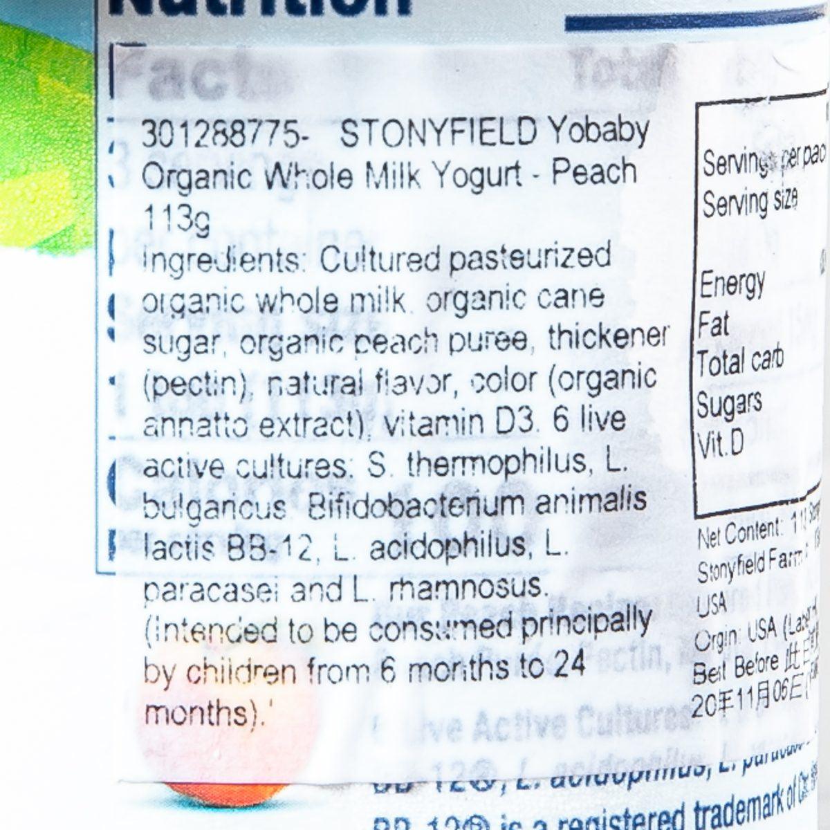 Organic whole milk yogurt ingredients label, peach flavor, 113 g