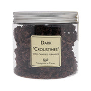 Dark chocolate croustines jar with candied orange, front label