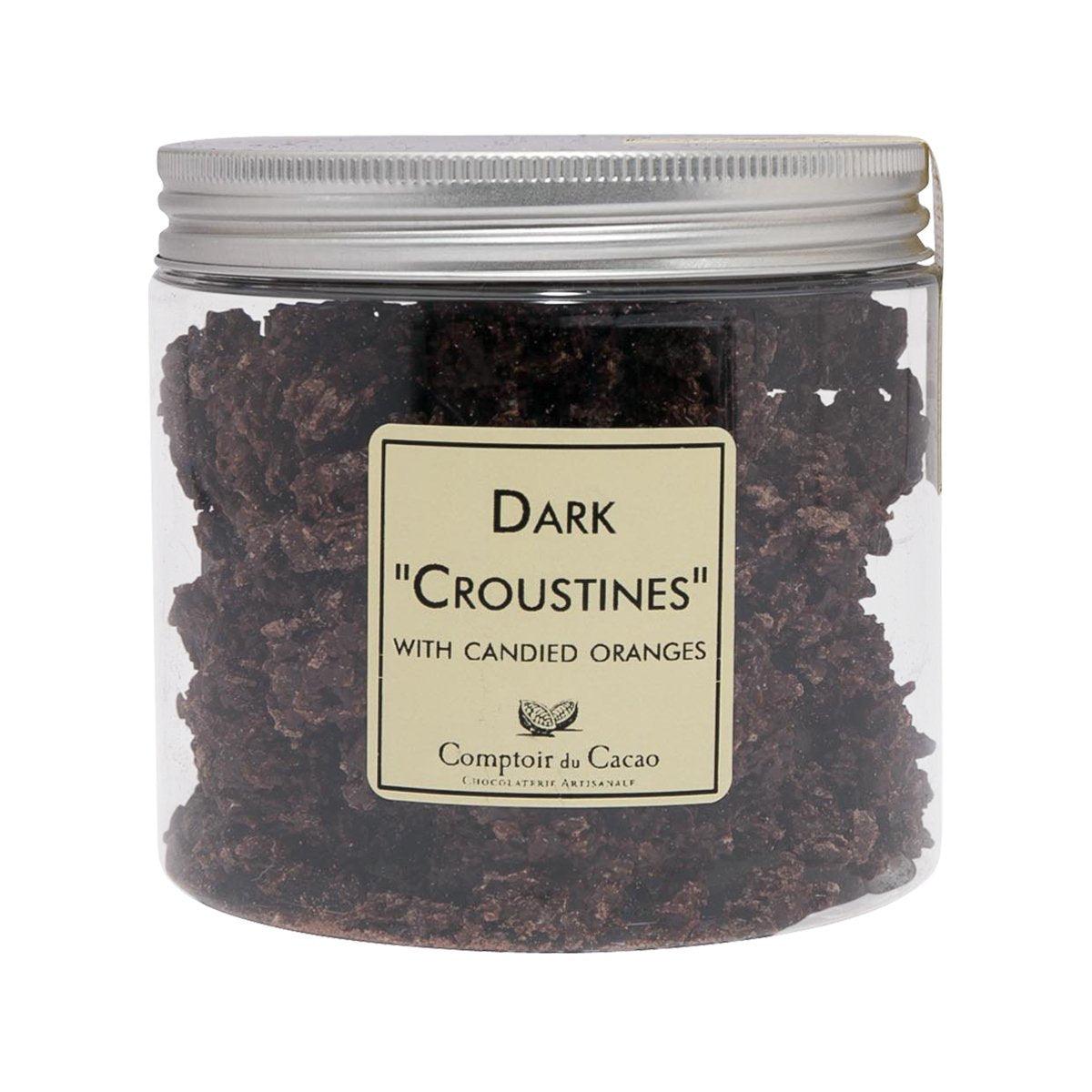 Dark chocolate croustines jar with candied orange, front label