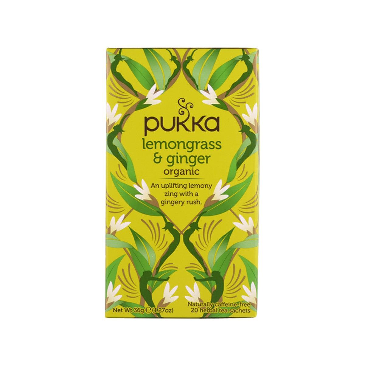 PUKKA organic lemongrass & ginger tea sachets box, yellow-green leaf print front