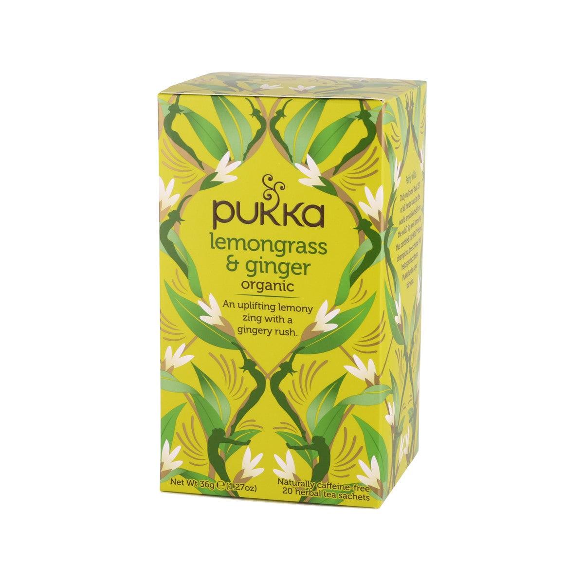 PUKKA organic lemongrass & ginger tea sachets box, leaf-patterned front side view
