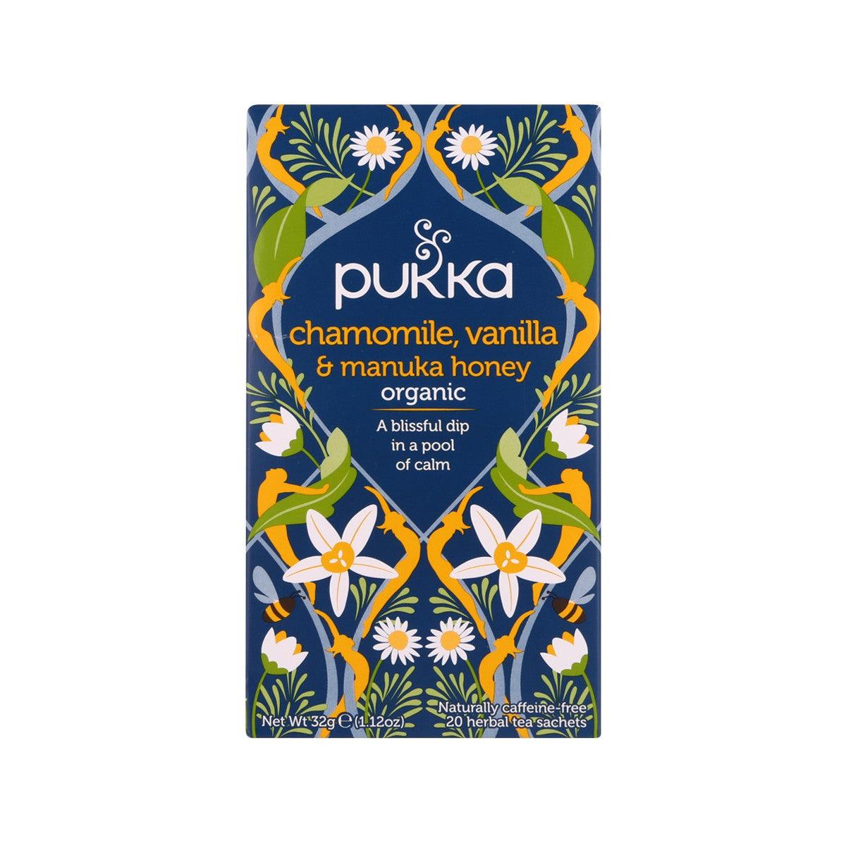 PUKKA chamomile, vanilla & manuka honey organic tea sachet box, floral blue design