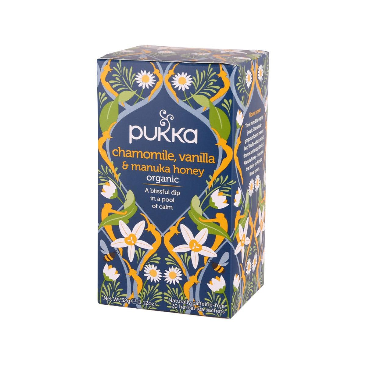 PUKKA organic tea sachet box with floral blue, orange and white pattern