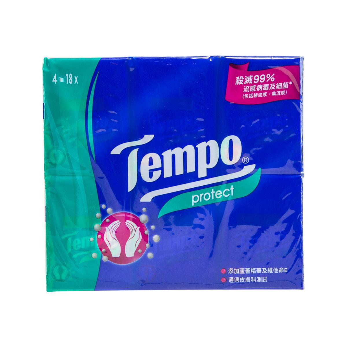 Tempo protect tissue pack in blue and green wrapper, 18x4 count