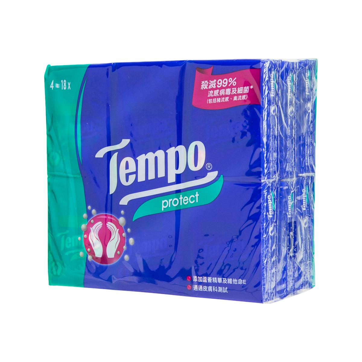 Tempo protect tissue pack in blue wrapper with green panel and visible side edge