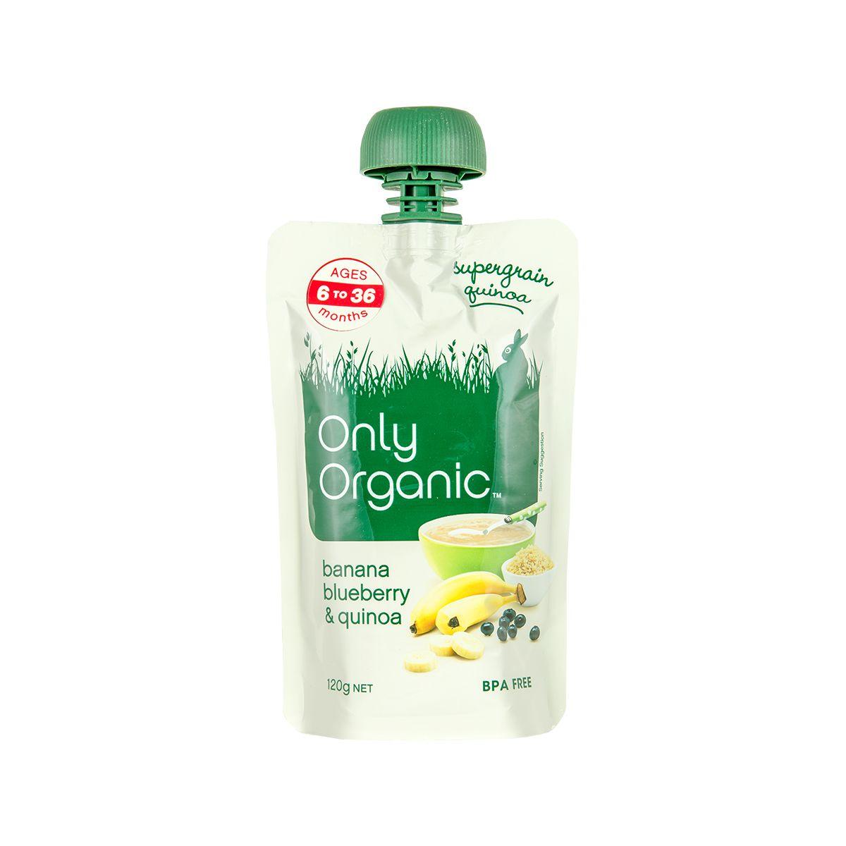 Organic banana, blueberry & quinoa baby food pouch with green flip-top cap
