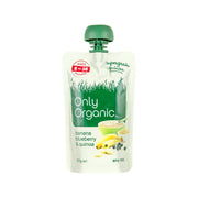 Organic banana, blueberry & quinoa baby food pouch with green flip-top cap
