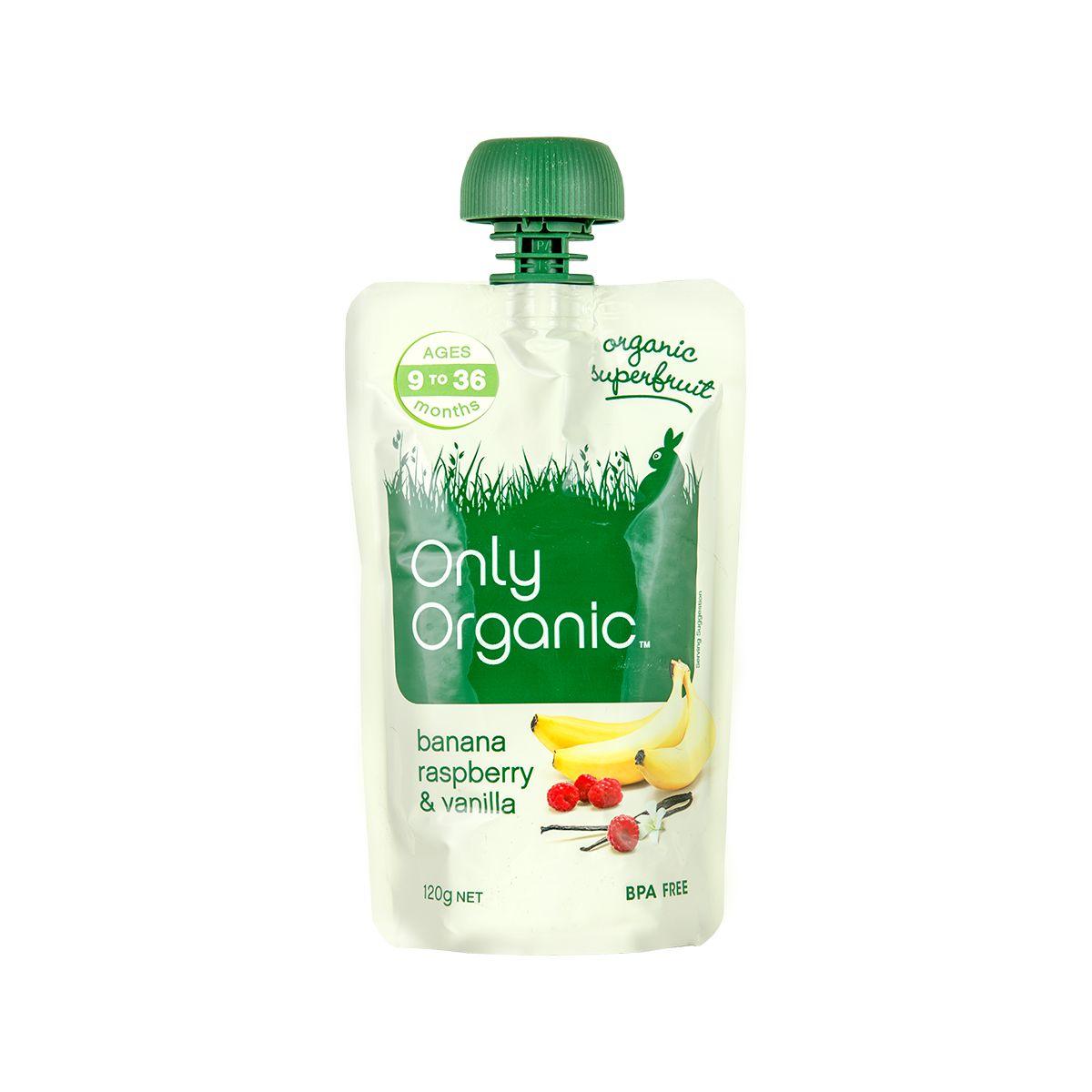 Organic banana raspberry vanilla puree pouch, green cap, stand-up flexible sachet