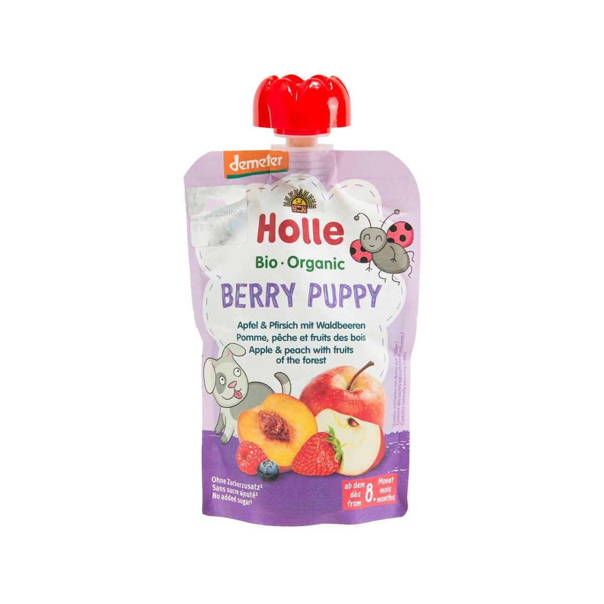 Organic berry pet food pouch, purple with red squeeze cap and front label